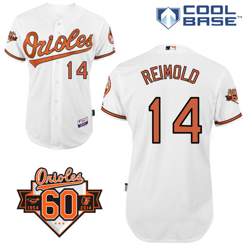 Nolan Reimold #14 MLB Jersey-Baltimore Orioles Men's Authentic Home White Cool Base/Commemorative 60th Anniversary Patch Baseball Jersey